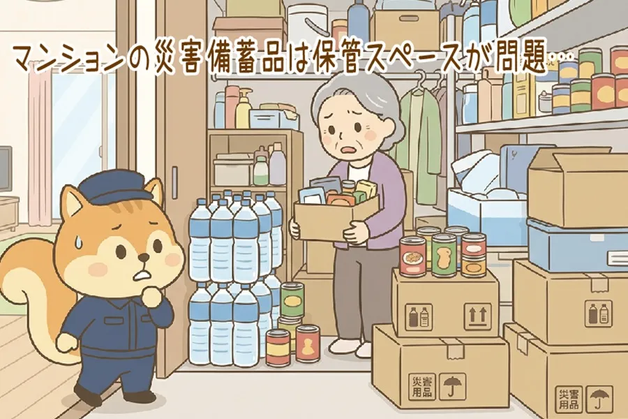 災害備蓄の保管場所が狭くて困っている住民とりす丸