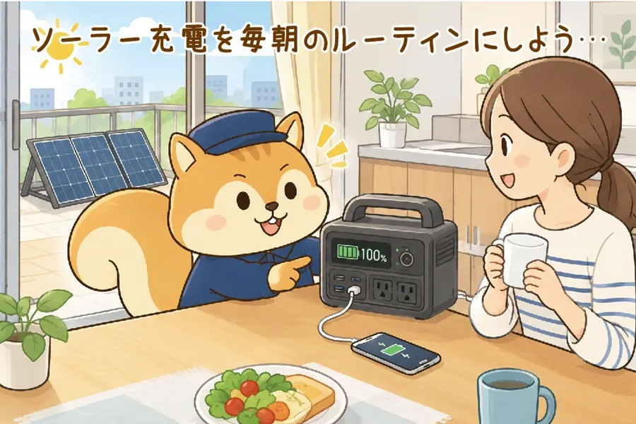 ポータブル電源の充電を毎朝のルーティンにするようすすめているりす丸
