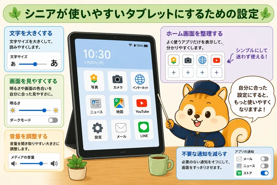 シニアが使いやすいタブレットにするための設定