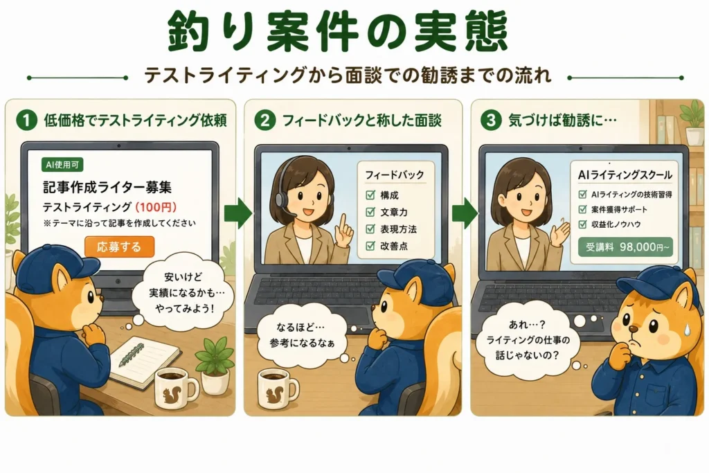 釣り案件の正体|低価格テストライティング→面談での勧誘