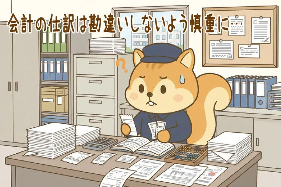 組合会計の仕訳に取り組むりす丸のイラスト