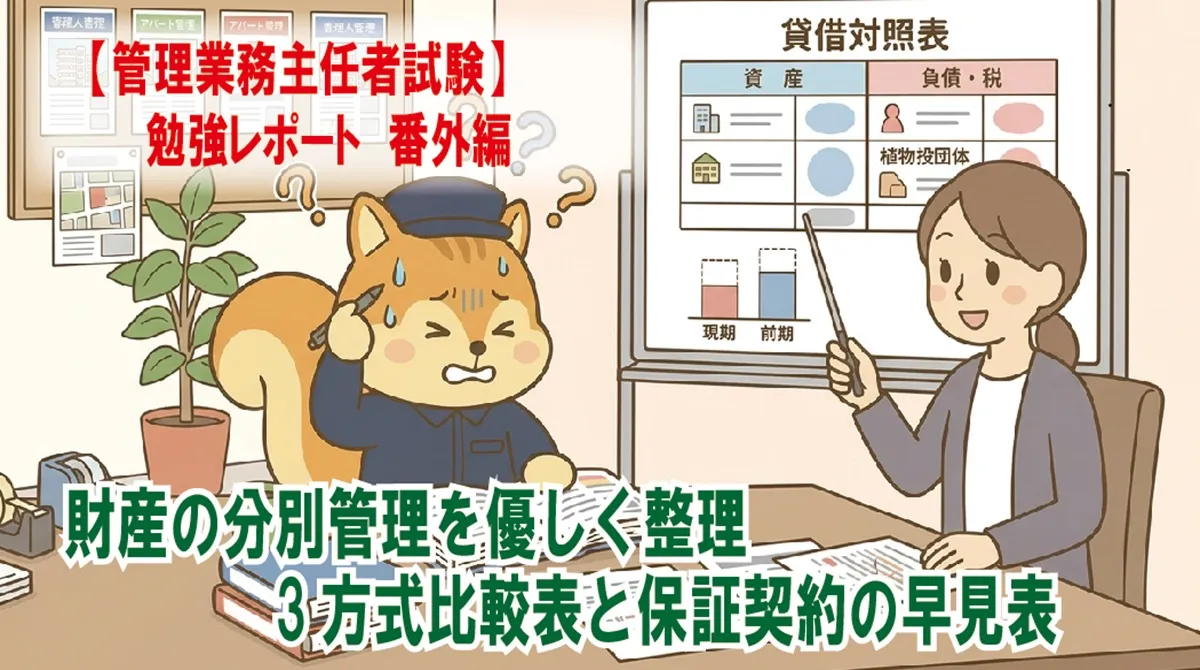 【管理業務主任者試験】勉強レポート 番外編 財産の分別管理を優しく整理 ― 3方式比較表と保証契約の早見表