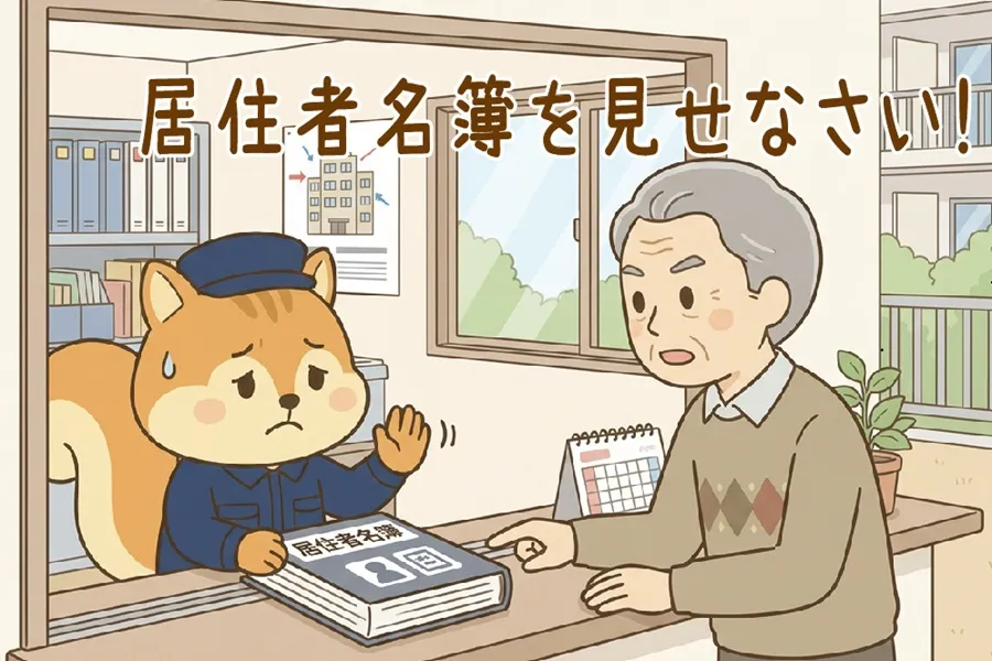 住民に居住者名簿を見せろと言われて困惑しているりす丸のイラスト